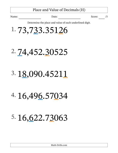 The Determining Place and Value of Decimal Numbers from Hundred Thousandths to Ten Thousands (Large Print) (H) Math Worksheet