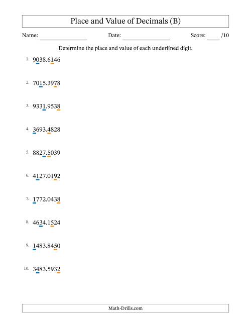 The Determining Place and Value of Decimal Numbers from Ten Thousandths to Thousands (B) Math Worksheet