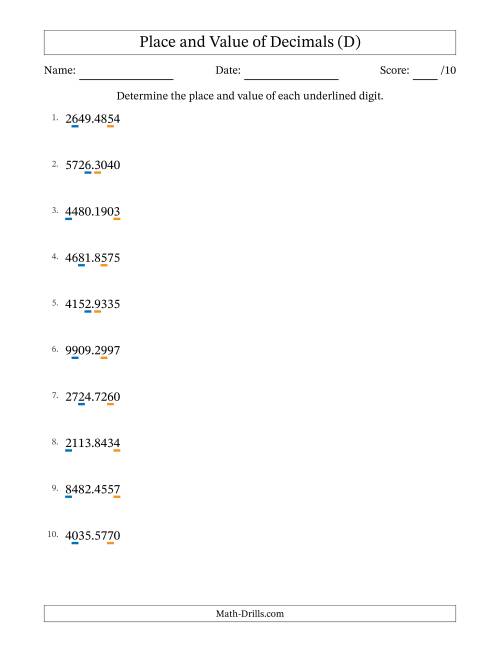 The Determining Place and Value of Decimal Numbers from Ten Thousandths to Thousands (D) Math Worksheet