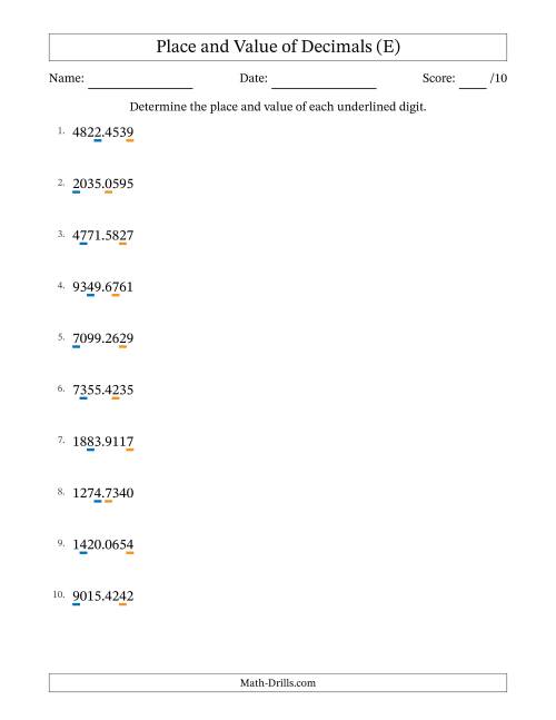 The Determining Place and Value of Decimal Numbers from Ten Thousandths to Thousands (E) Math Worksheet