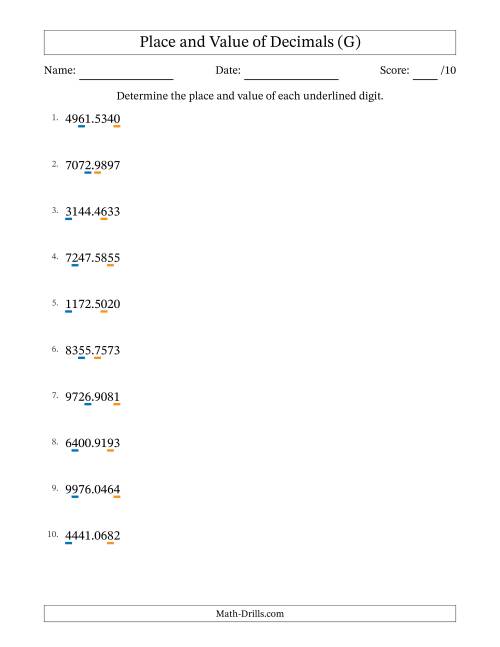 The Determining Place and Value of Decimal Numbers from Ten Thousandths to Thousands (G) Math Worksheet