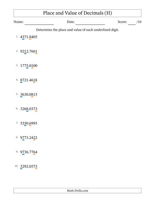 The Determining Place and Value of Decimal Numbers from Ten Thousandths to Thousands (H) Math Worksheet