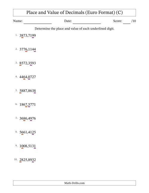 The Euro Format Determining Place and Value of Decimal Numbers from Ten Thousandths to Thousands (C) Math Worksheet