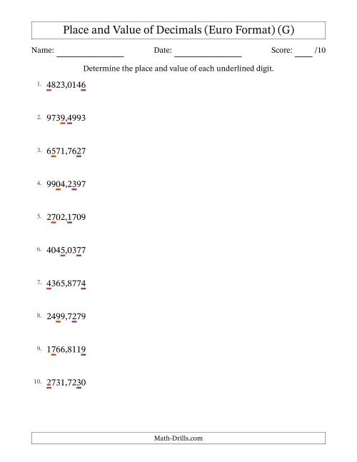 The Euro Format Determining Place and Value of Decimal Numbers from Ten Thousandths to Thousands (G) Math Worksheet