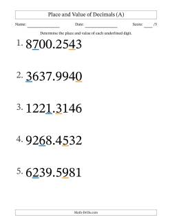 Determining Place and Value of Decimal Numbers from Ten Thousandths to Thousands (Large Print)