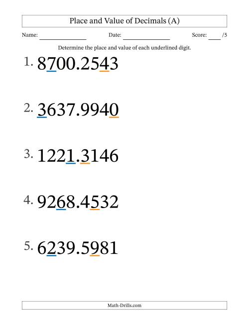 The Determining Place and Value of Decimal Numbers from Ten Thousandths to Thousands (Large Print) (All) Math Worksheet