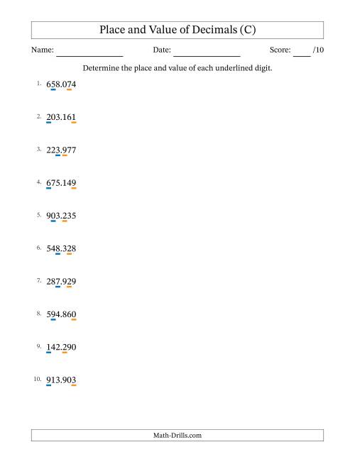 The Determining Place and Value of Decimal Numbers from Thousandths to Hundreds (C) Math Worksheet