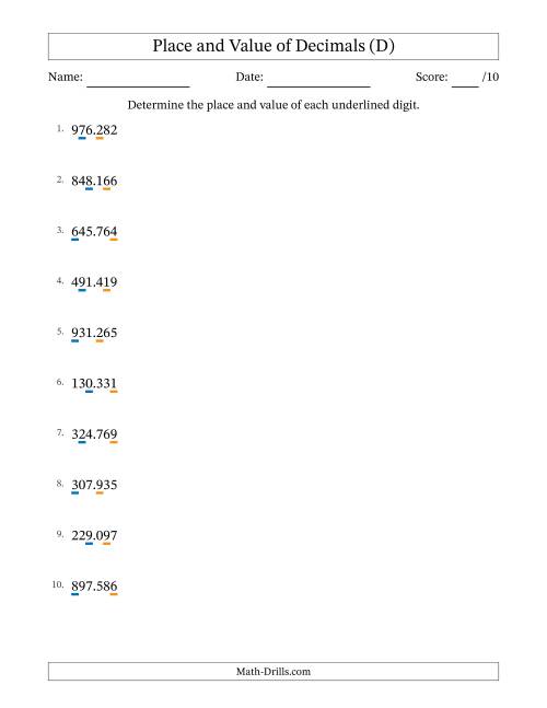 The Determining Place and Value of Decimal Numbers from Thousandths to Hundreds (D) Math Worksheet