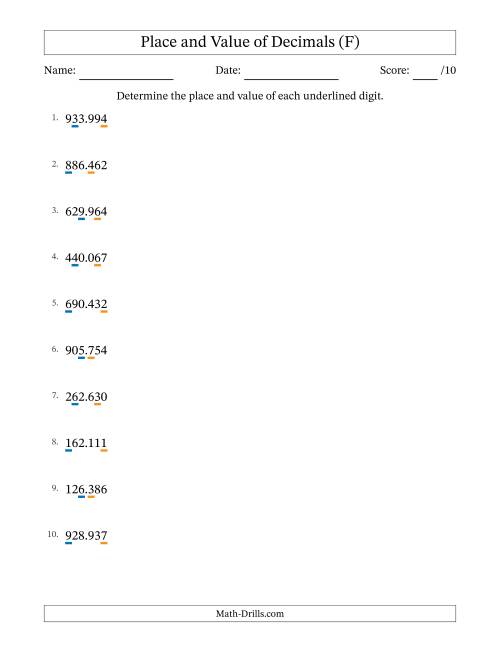 The Determining Place and Value of Decimal Numbers from Thousandths to Hundreds (F) Math Worksheet
