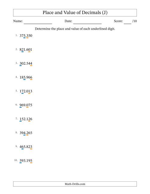 The Determining Place and Value of Decimal Numbers from Thousandths to Hundreds (J) Math Worksheet