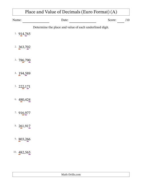 The Euro Format Determining Place and Value of Decimal Numbers from Thousandths to Hundreds (A) Math Worksheet