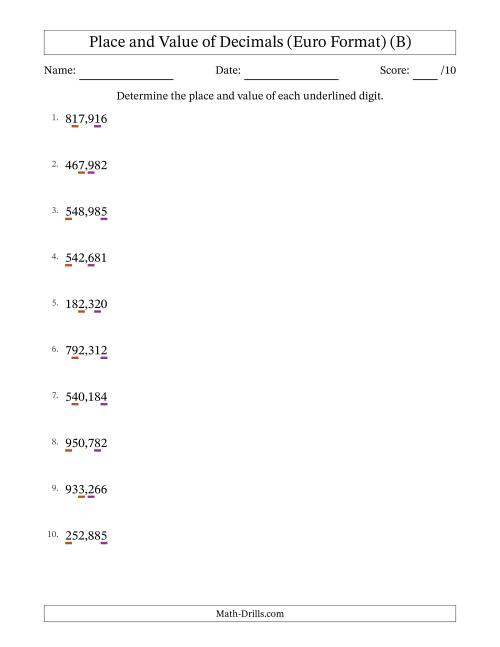 The Euro Format Determining Place and Value of Decimal Numbers from Thousandths to Hundreds (B) Math Worksheet