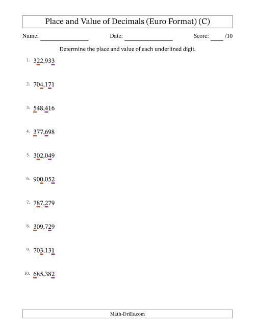 The Euro Format Determining Place and Value of Decimal Numbers from Thousandths to Hundreds (C) Math Worksheet