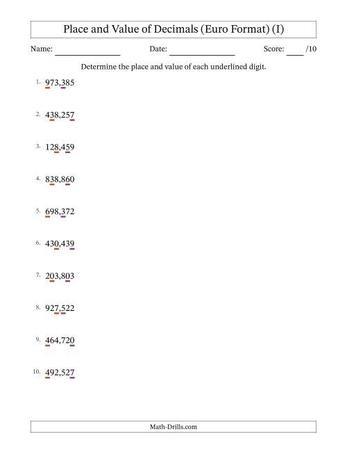 The Euro Format Determining Place and Value of Decimal Numbers from Thousandths to Hundreds (I) Math Worksheet