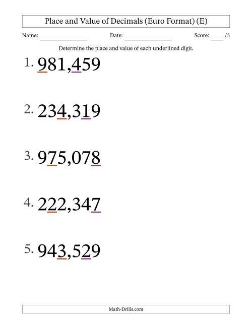 The Euro Format Determining Place and Value of Decimal Numbers from Thousandths to Hundreds (Large Print) (E) Math Worksheet
