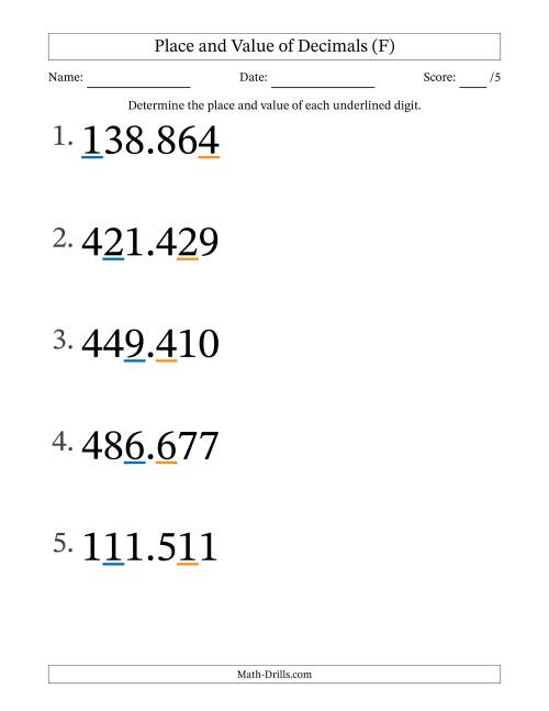 The Determining Place and Value of Decimal Numbers from Thousandths to Hundreds (Large Print) (F) Math Worksheet
