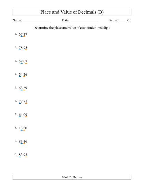 The Determining Place and Value of Decimal Numbers from Hundredths to Tens (B) Math Worksheet