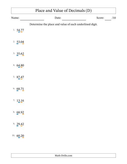 The Determining Place and Value of Decimal Numbers from Hundredths to Tens (D) Math Worksheet