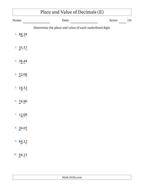 The Determining Place and Value of Decimal Numbers from Hundredths to Tens (E) Math Worksheet