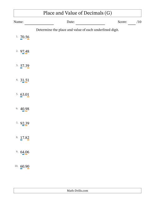 The Determining Place and Value of Decimal Numbers from Hundredths to Tens (G) Math Worksheet