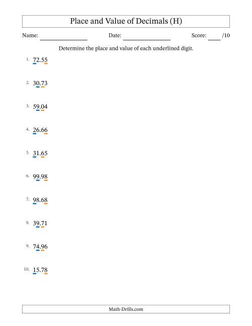 The Determining Place and Value of Decimal Numbers from Hundredths to Tens (H) Math Worksheet