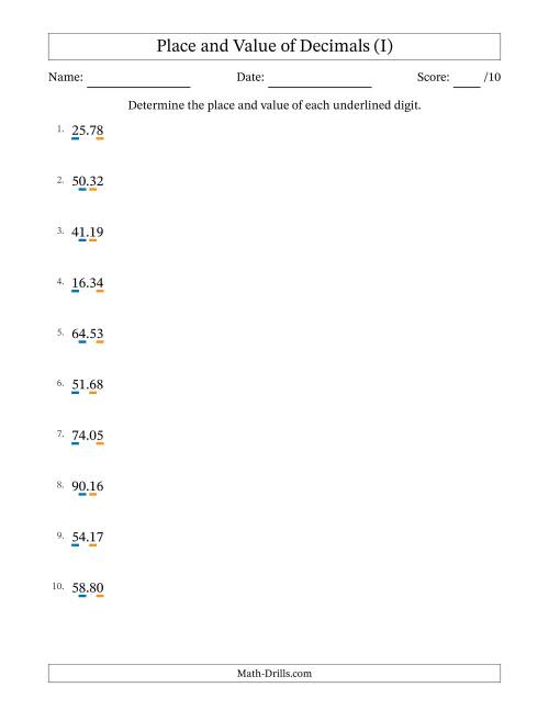 The Determining Place and Value of Decimal Numbers from Hundredths to Tens (I) Math Worksheet