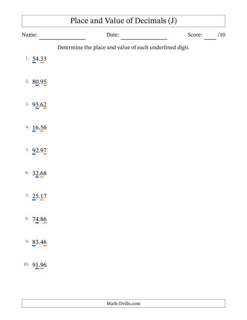 The Determining Place and Value of Decimal Numbers from Hundredths to Tens (J) Math Worksheet