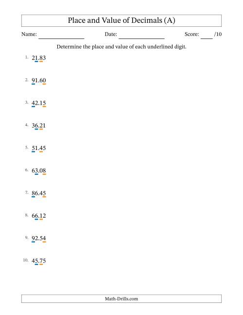 The Determining Place and Value of Decimal Numbers from Hundredths to Tens (All) Math Worksheet