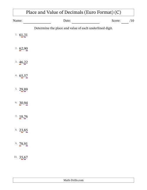 The Euro Format Determining Place and Value of Decimal Numbers from Hundredths to Tens (C) Math Worksheet