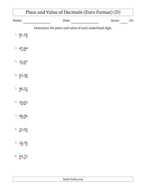 The Euro Format Determining Place and Value of Decimal Numbers from Hundredths to Tens (D) Math Worksheet