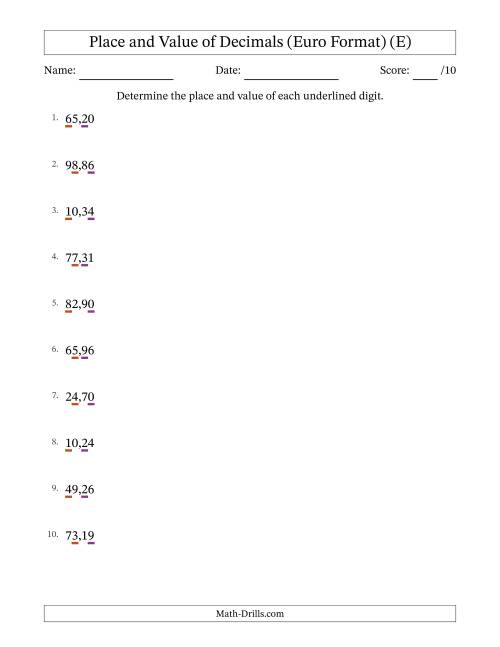 The Euro Format Determining Place and Value of Decimal Numbers from Hundredths to Tens (E) Math Worksheet