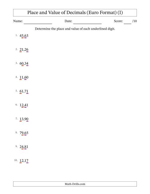 The Euro Format Determining Place and Value of Decimal Numbers from Hundredths to Tens (I) Math Worksheet
