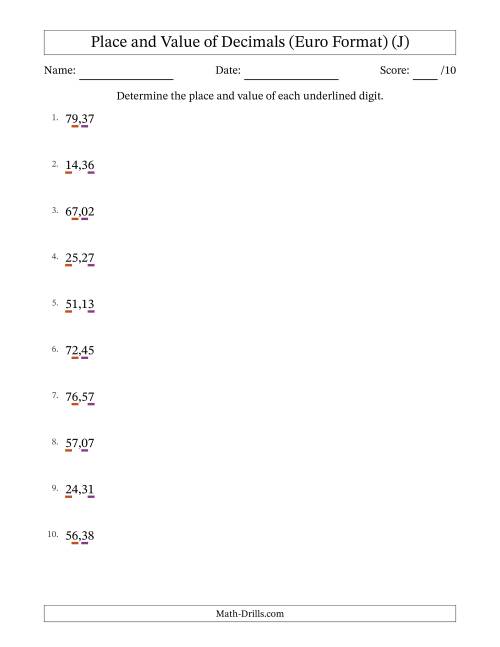 The Euro Format Determining Place and Value of Decimal Numbers from Hundredths to Tens (J) Math Worksheet