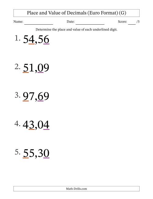 The Euro Format Determining Place and Value of Decimal Numbers from Hundredths to Tens (Large Print) (G) Math Worksheet