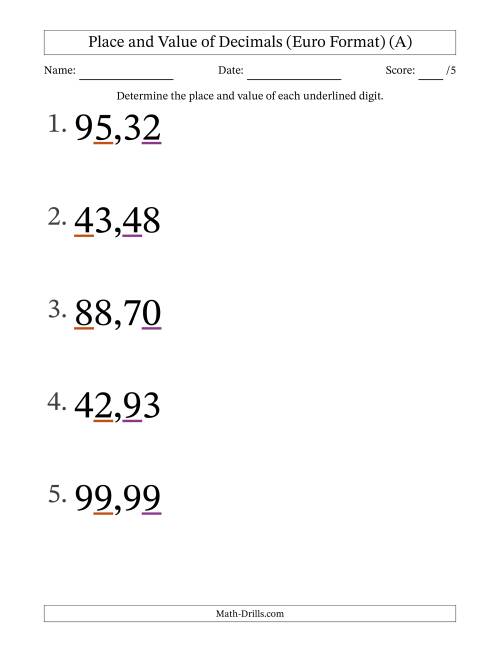 The Euro Format Determining Place and Value of Decimal Numbers from Hundredths to Tens (Large Print) (All) Math Worksheet