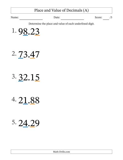 The Determining Place and Value of Decimal Numbers from Hundredths to Tens (Large Print) (A) Math Worksheet