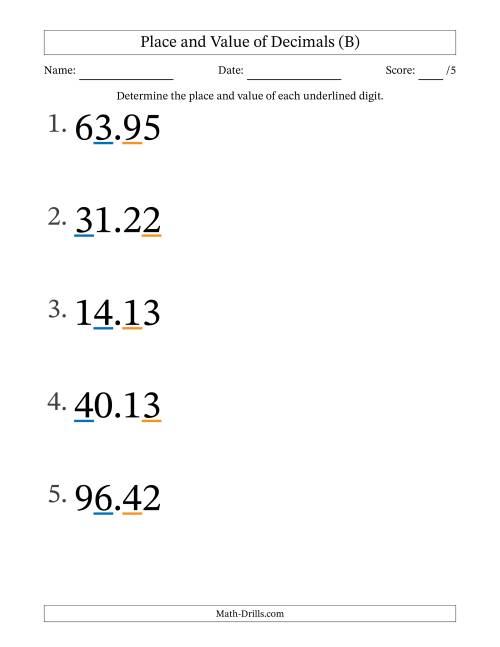 The Determining Place and Value of Decimal Numbers from Hundredths to Tens (Large Print) (B) Math Worksheet