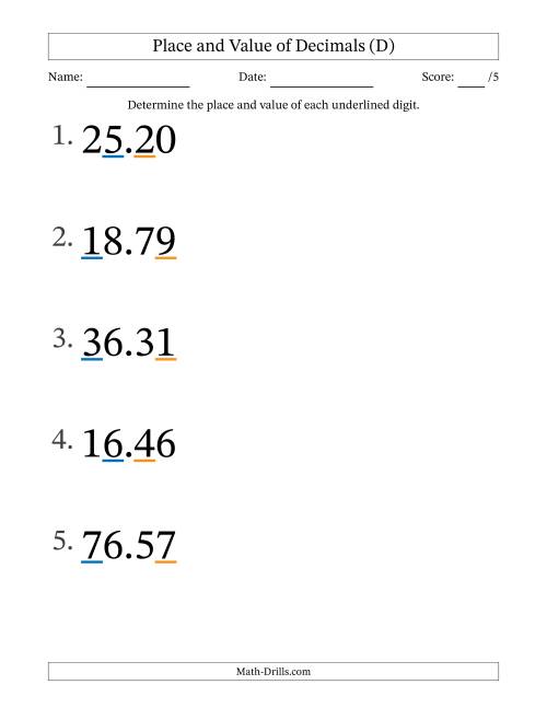 The Determining Place and Value of Decimal Numbers from Hundredths to Tens (Large Print) (D) Math Worksheet