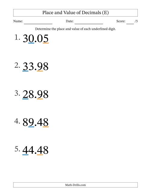 The Determining Place and Value of Decimal Numbers from Hundredths to Tens (Large Print) (E) Math Worksheet
