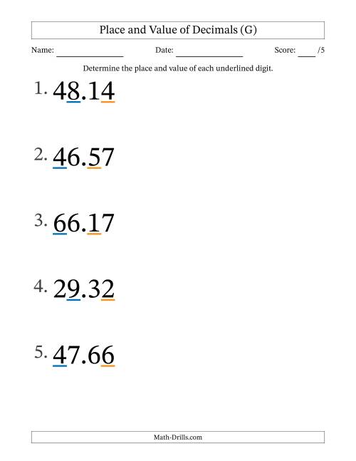 The Determining Place and Value of Decimal Numbers from Hundredths to Tens (Large Print) (G) Math Worksheet