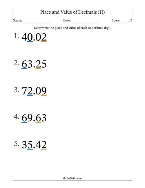 The Determining Place and Value of Decimal Numbers from Hundredths to Tens (Large Print) (H) Math Worksheet