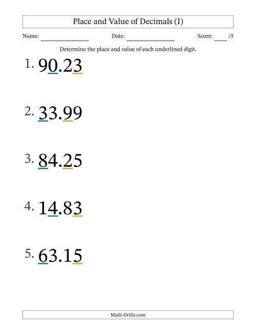 The Determining Place and Value of Decimal Numbers from Hundredths to Tens (Large Print) (I) Math Worksheet