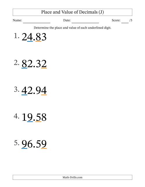 The Determining Place and Value of Decimal Numbers from Hundredths to Tens (Large Print) (J) Math Worksheet