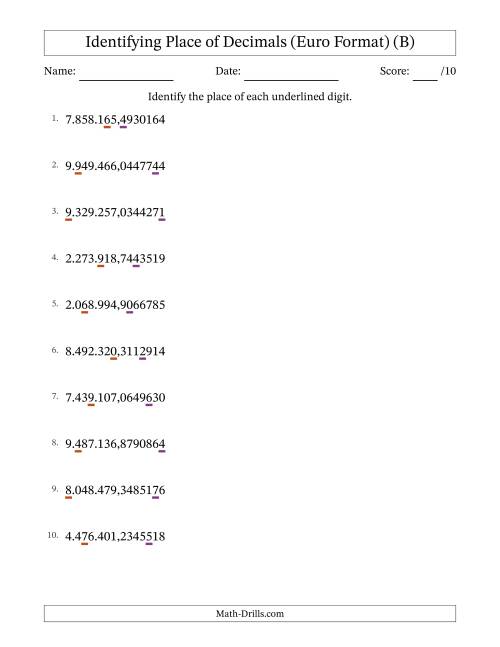 The Euro Format Identifying Place of Decimal Numbers from Ten Millionths to Millions (B) Math Worksheet