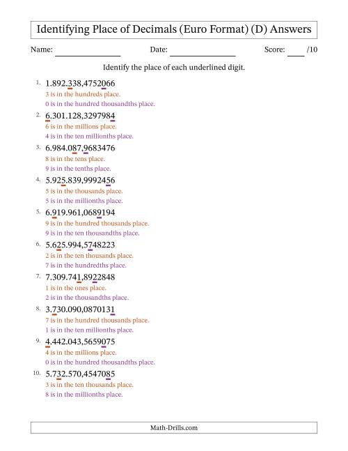 The Euro Format Identifying Place of Decimal Numbers from Ten Millionths to Millions (D) Math Worksheet Page 2