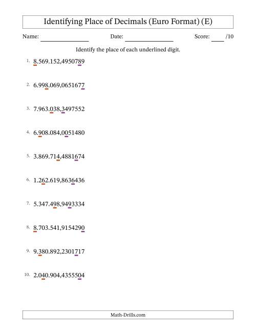 The Euro Format Identifying Place of Decimal Numbers from Ten Millionths to Millions (E) Math Worksheet