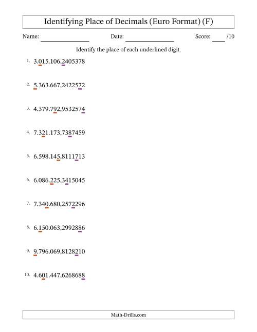 The Euro Format Identifying Place of Decimal Numbers from Ten Millionths to Millions (F) Math Worksheet