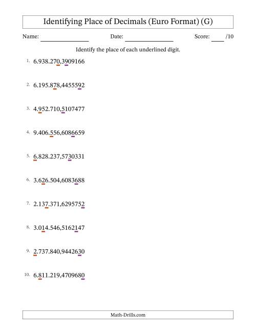 The Euro Format Identifying Place of Decimal Numbers from Ten Millionths to Millions (G) Math Worksheet