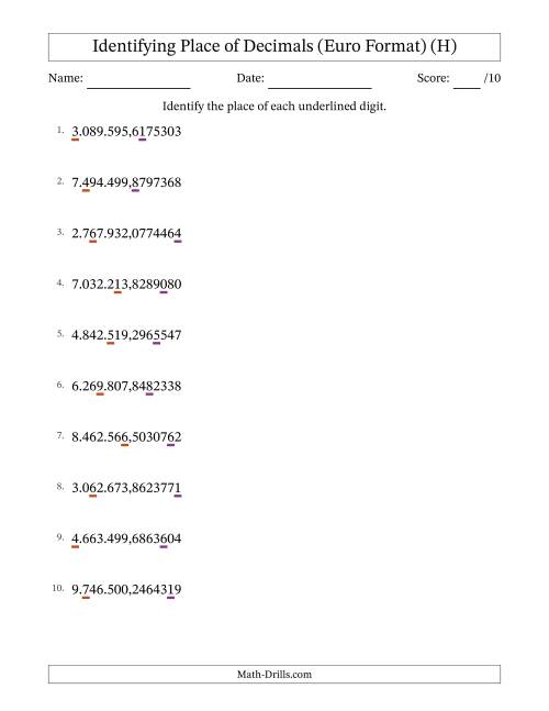 The Euro Format Identifying Place of Decimal Numbers from Ten Millionths to Millions (H) Math Worksheet