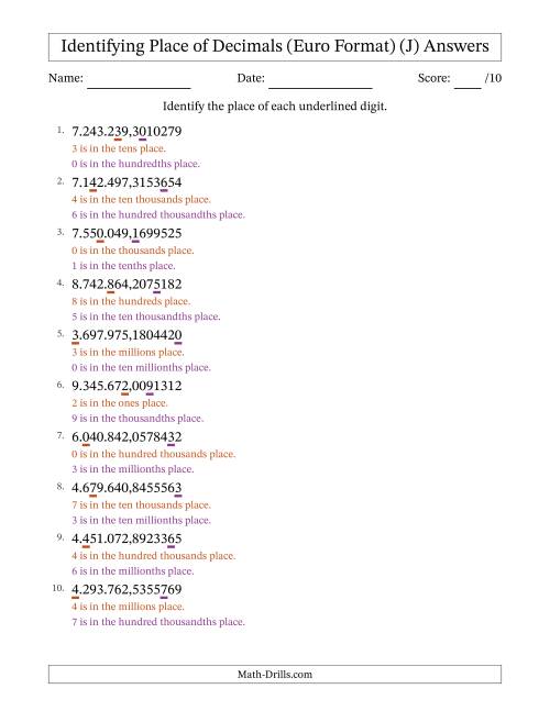 The Euro Format Identifying Place of Decimal Numbers from Ten Millionths to Millions (J) Math Worksheet Page 2